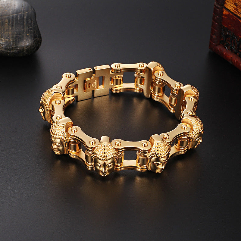 Pulsera de Acero Titanio Dorado – Buda y Cadena Premium TrendShop MX