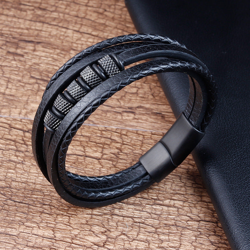 Pulsera de cordón de cuero, pulseras trenzadas de cuero, joyería multicapa de cuero genuino para hombre