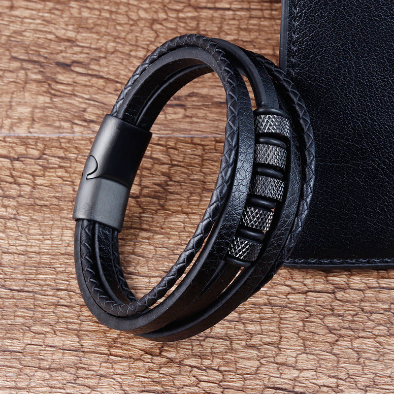 Pulsera de cordón de cuero, pulseras trenzadas de cuero, joyería multicapa de cuero genuino para hombre