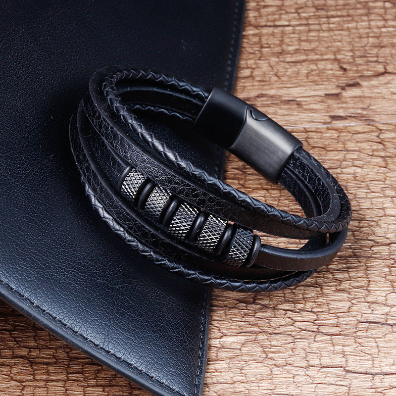 Pulsera de cordón de cuero, pulseras trenzadas de cuero, joyería multicapa de cuero genuino para hombre