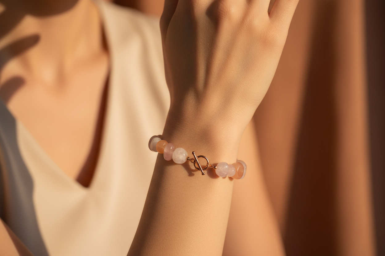  Close-up editorial shot of a woman's hand wearing a natural stone bracelet (white, pink or rose tones), soft golden-hour lighting, minimal background with warm beige tones, soft shadows, feminine aesthetic, elegant and premium style, luxury jewelry brand look, high-end photography, sharp details, no text, no logos, clean composition, perfect for e-commerce banner.



Aspect ratio: 4:5
Style: premium / minimalista / femenino elegante