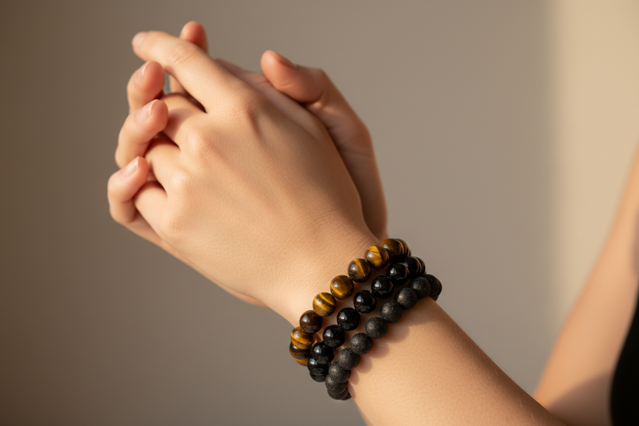 Create a premium lifestyle hero image for an online jewelry store. Show a close-up of a man and/or woman wearing elegant natural stone bracelets made of tiger eye, black obsidian, and black tourmaline. The scene must feel balanced, minimalistic, clean and emotional.

Use warm, soft lighting with a neutral background in beige or taupe tones. The models should appear calm, confident and natural, focusing on their wrists where the bracelets are clearly visible. Style should be modern, elegant, and aspirational